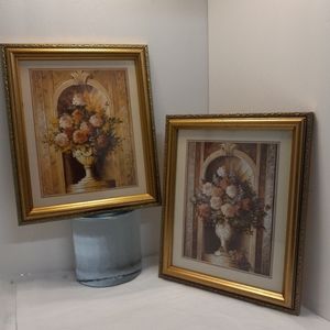 T.C. Chiu "STILL LIFE" Wood Framed Art Green & Gold Floral Pedal Vase Vintage